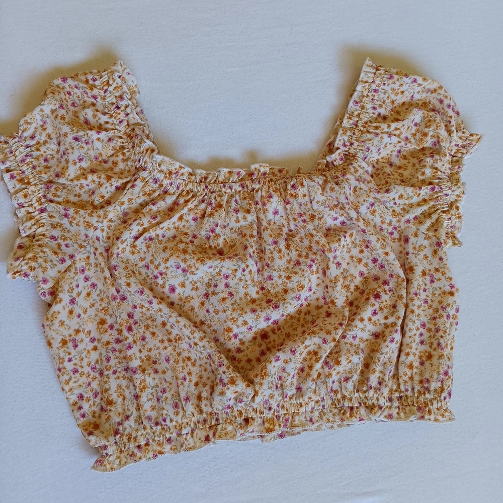 Pink Rose Coquette Cottage Core Fairy Yellow & Pink Floral Cap Sleeve Crop Top M